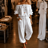 Off-Shoulder Two Piece Co Ord Set with Drawstring Waist Pants