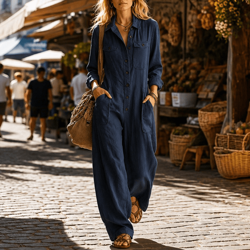 Women's Wide-Leg Cargo Utility Jumpsuit with Button-Front Top