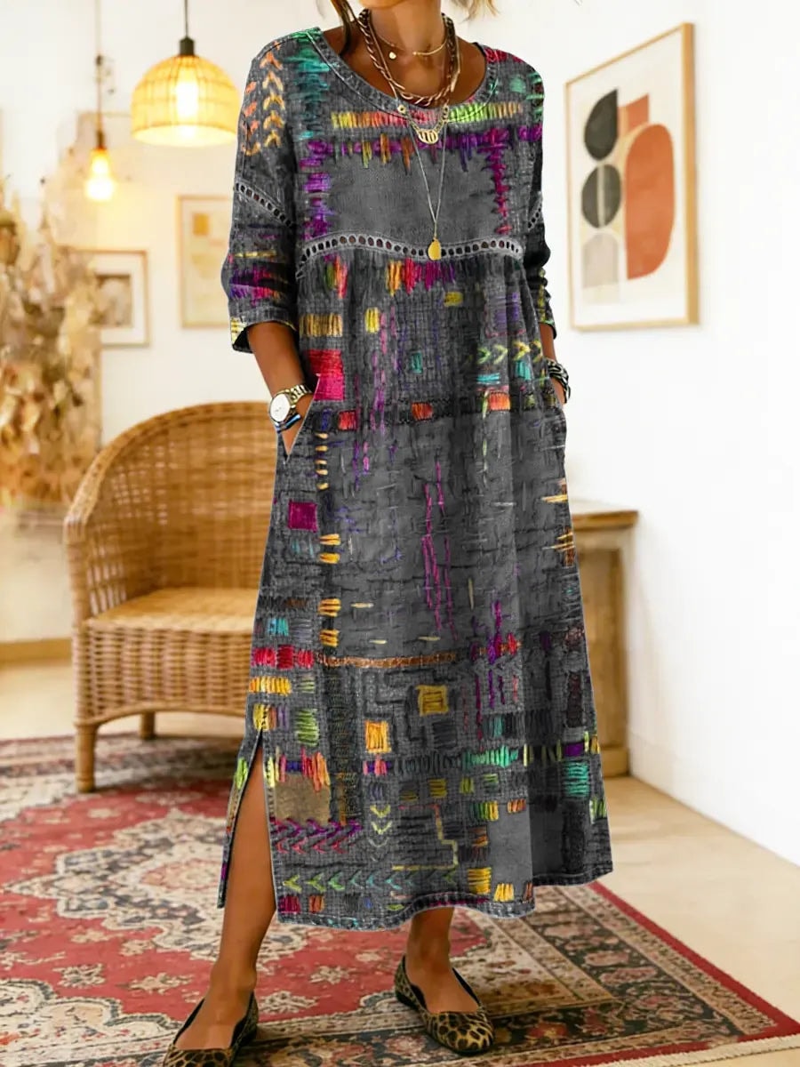 Manuela Ethnic Patchwork Three-Quarter Sleeve Cotton Blend Midi Dress for Women
