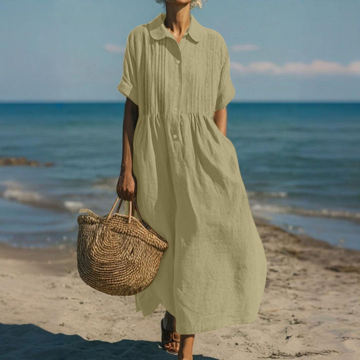 Harper Sutton Pintuck Linen Collared Midi Shirt Dress for Women