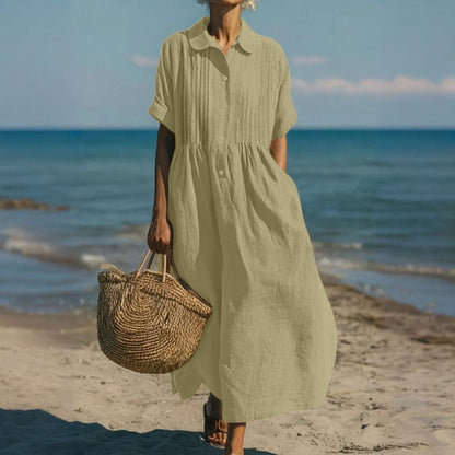 Harper Sutton Pintuck Linen Collared Midi Shirt Dress for Women