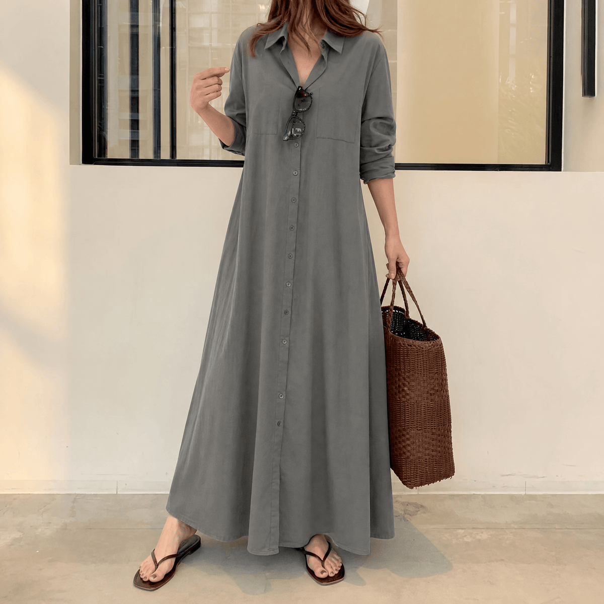 Halvine Button-Through Maxi Shirt Dress with Long Sleeves and Side Pockets