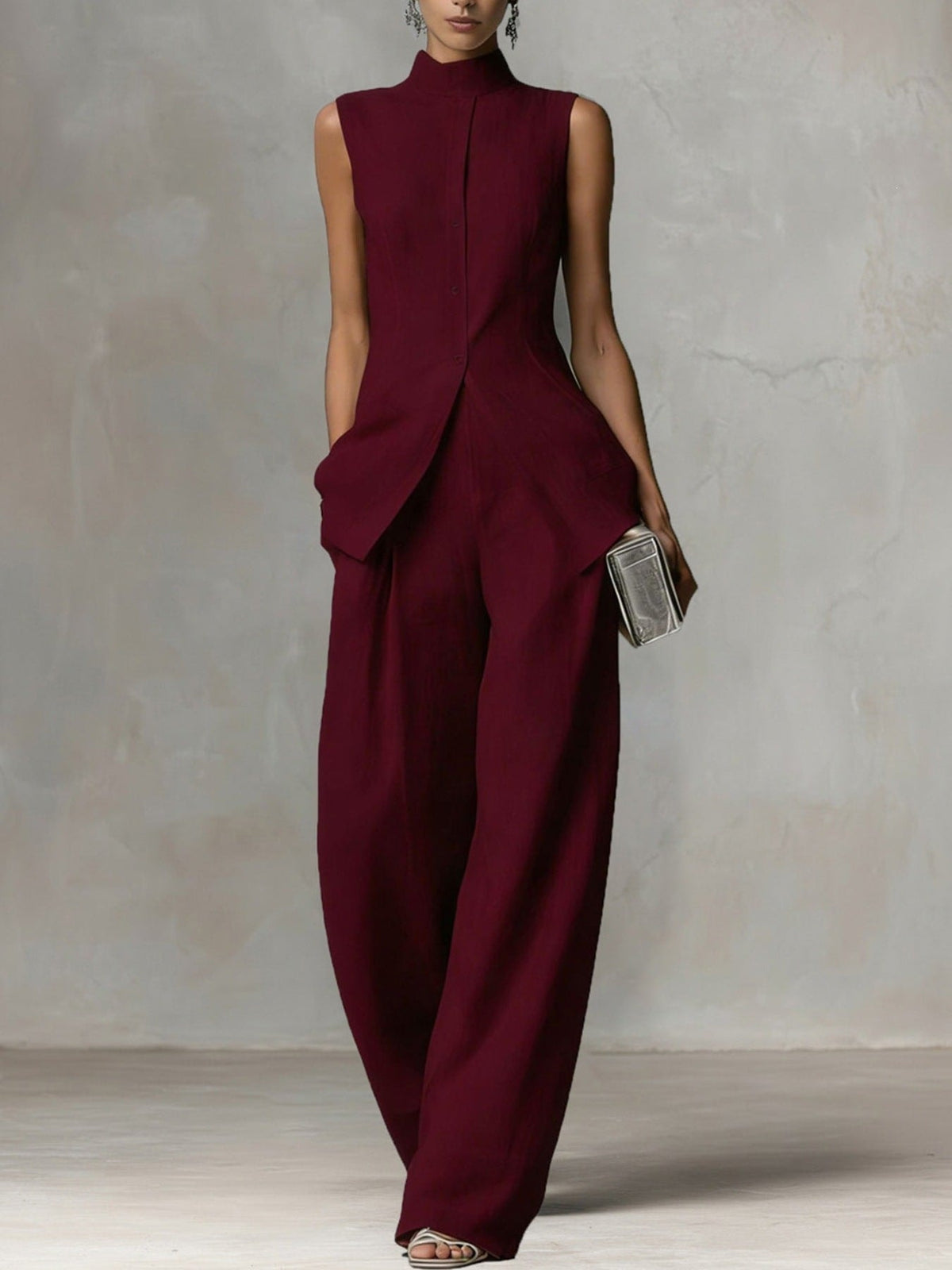 Sleeveless Stand Collar Wide-Leg Linen Jumpsuit with Side Pockets