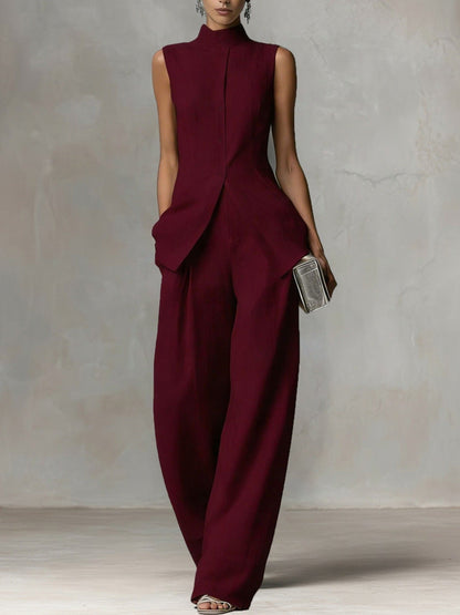 Sleeveless Stand Collar Wide-Leg Linen Jumpsuit with Side Pockets