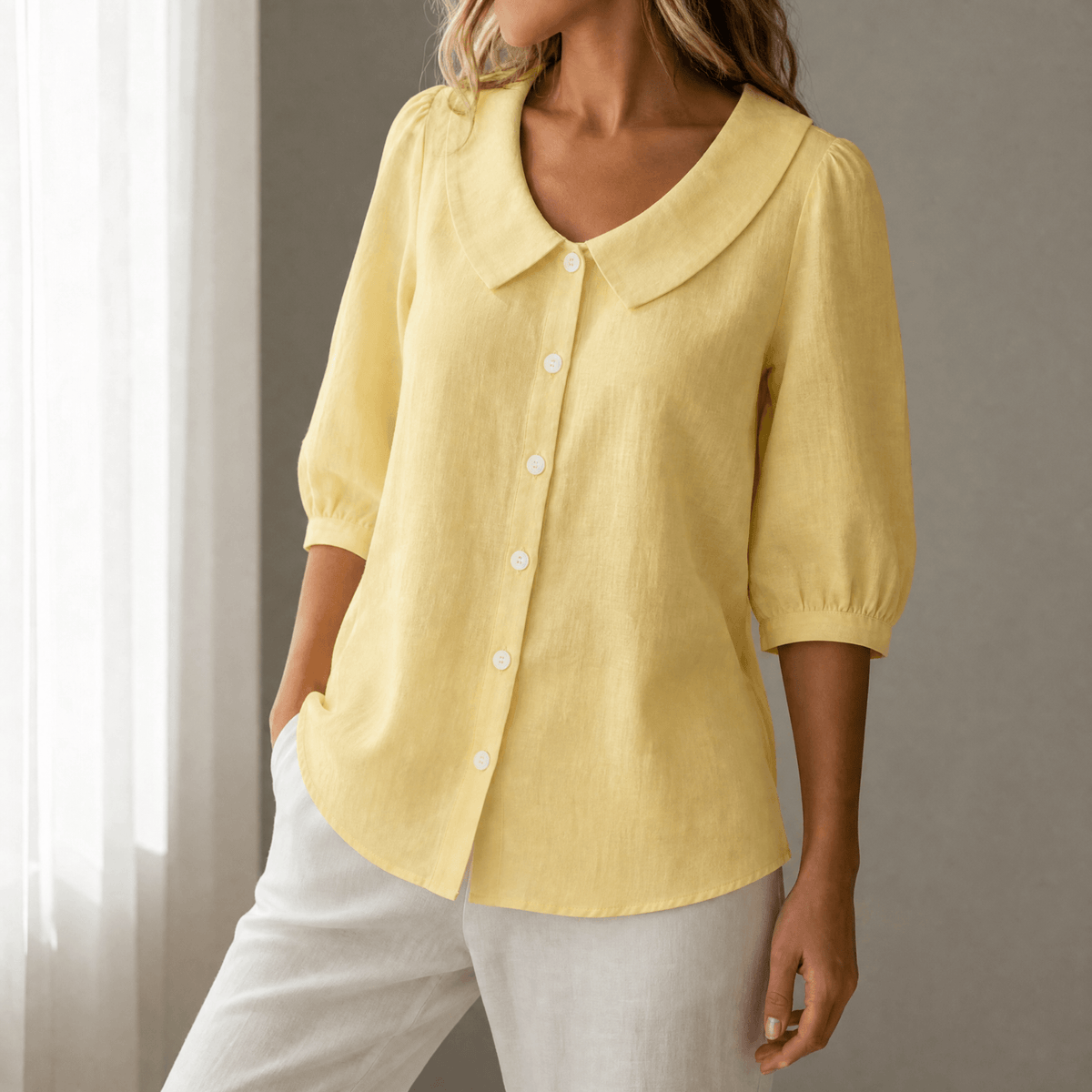 Peter Pan Collar Button-Up Top with Puff Sleeves for Women