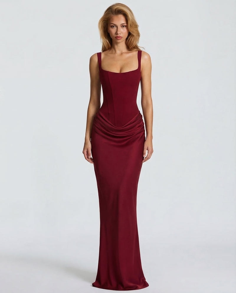 Sienna Laurent Satin Corset Maxi Dress with Draped Detail