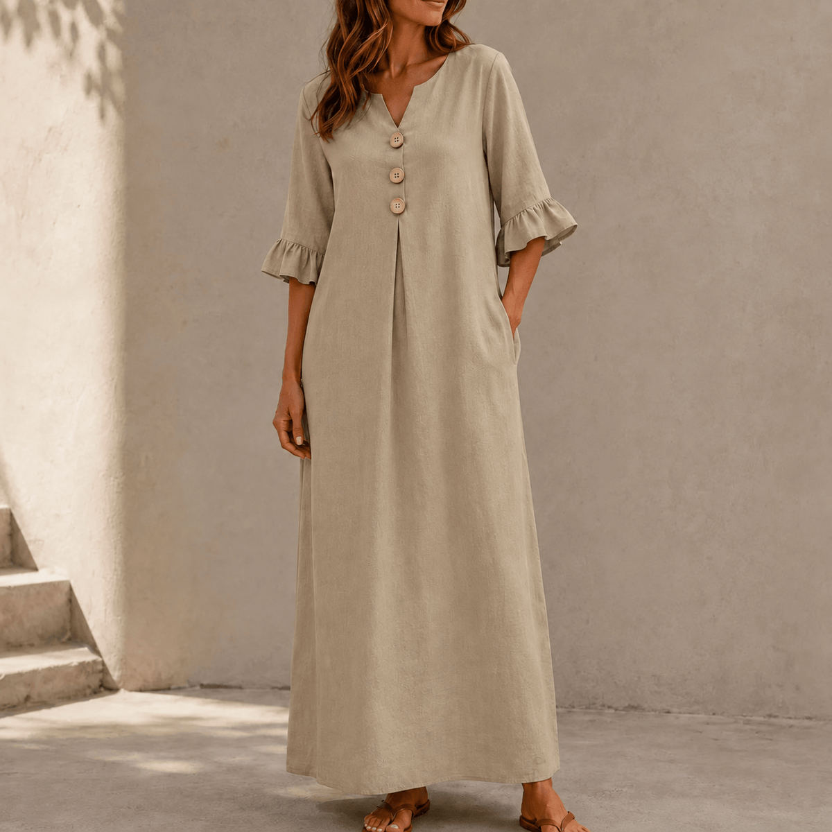 Marellia Flowy Linen-Look V-Neck Summer Maxi Dress with Ruffle Sleeves and Pockets