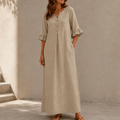 Marellia Flowy Linen-Look V-Neck Summer Maxi Dress with Ruffle Sleeves and Pockets