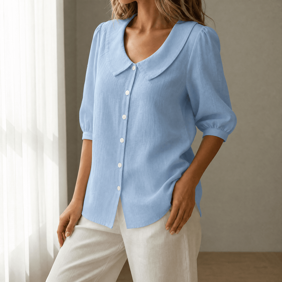 Peter Pan Collar Button-Up Top with Puff Sleeves for Women