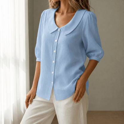 Peter Pan Collar Button-Up Top with Puff Sleeves for Women