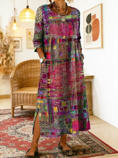 Manuela Ethnic Patchwork Three-Quarter Sleeve Cotton Blend Midi Dress for Women