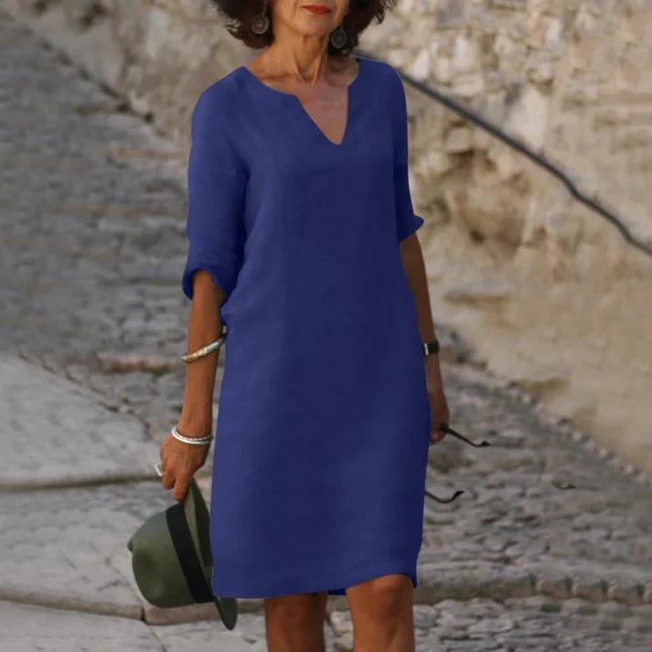 Women's V-Neck Half-Sleeve Polyester Midi Dress