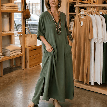 Marisole Loose-Fit V-Neck Maxi Dress with Deep Pockets and Side Slits