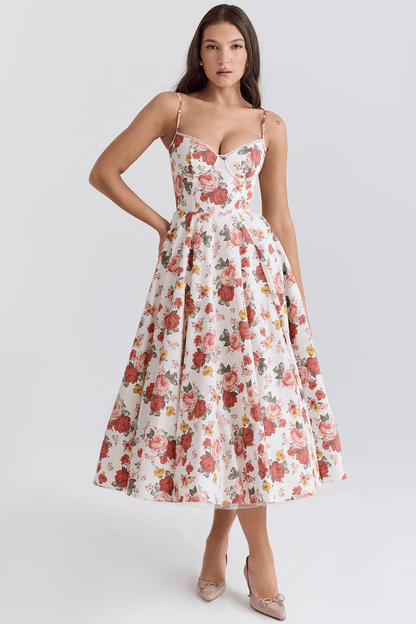 Grace Satin Corset Midi Christmas Party Dress with Tulle Skirt