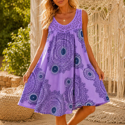 Women's Sleeveless Lace-Yoke A-Line Sundress with Sunburst Print