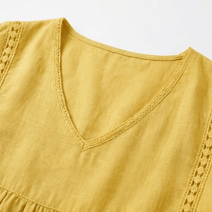 Women's Relaxed Linen-Cotton Summer Midi Dress with Lace Trim and Pockets