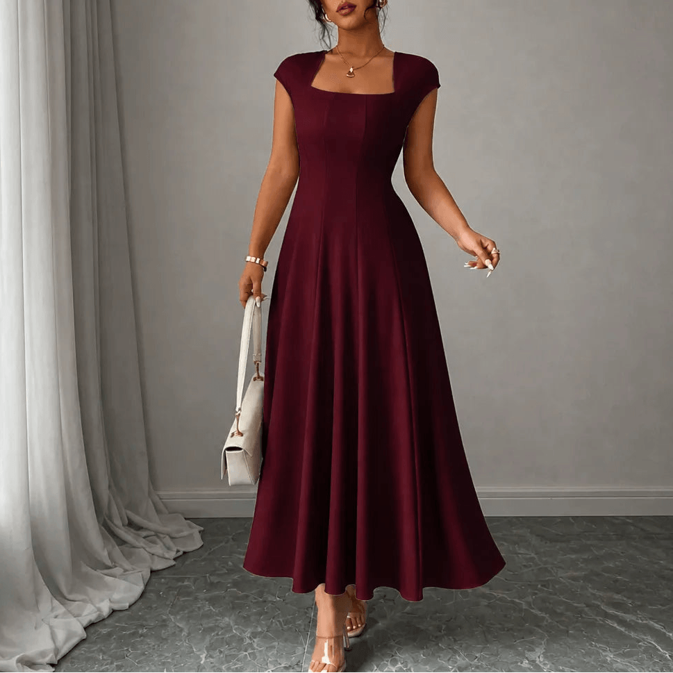 Elowyn Square Neck A-Line Women's Midi Dress with Sculpted Waist Seams
