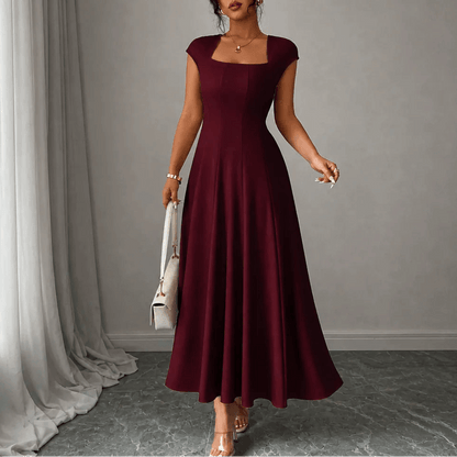 Elowyn Square Neck A-Line Women's Midi Dress with Sculpted Waist Seams