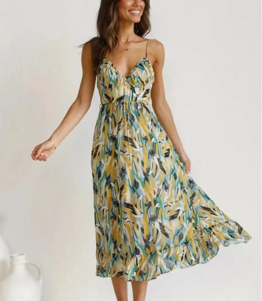 Sara Woven Midi Summer Dress with Abstract Floral Print and Tie Waist
