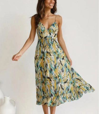 Sara Woven Midi Summer Dress with Abstract Floral Print and Tie Waist