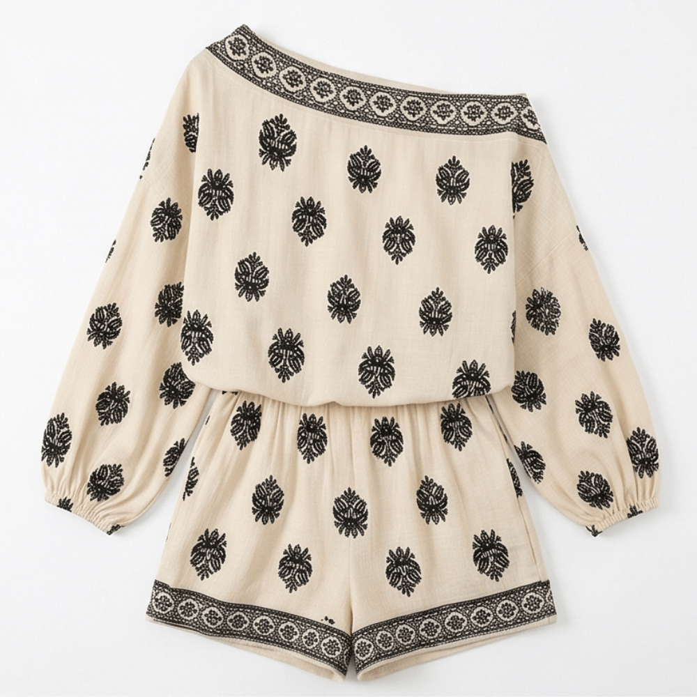 Solenne Off-Shoulder Block Print Two Piece Co Ord Set with Pockets