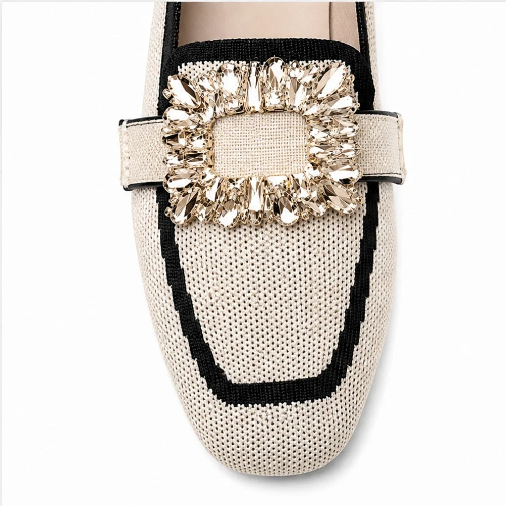 Crystal Buckle Square-Toe Knit Loafer Flats for Women