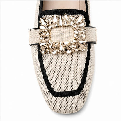 Crystal Buckle Square-Toe Knit Loafer Flats for Women