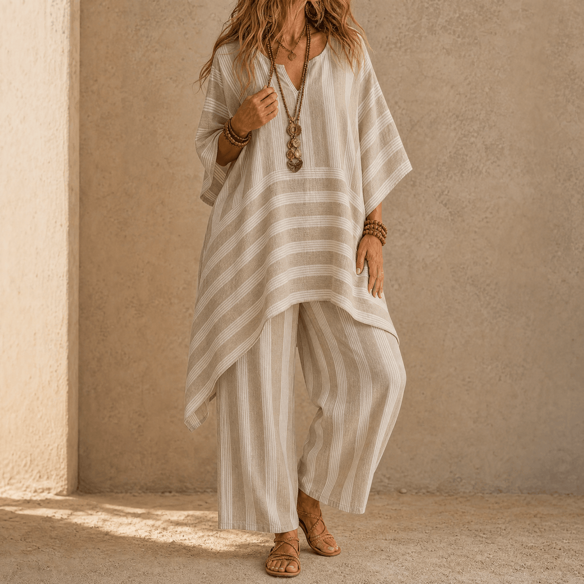 Iluma Striped Half-Sleeve Tunic Top for Women in Boho Style