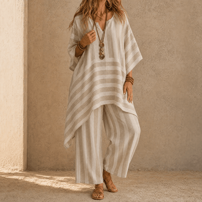 Iluma Striped Half-Sleeve Tunic Top for Women in Boho Style