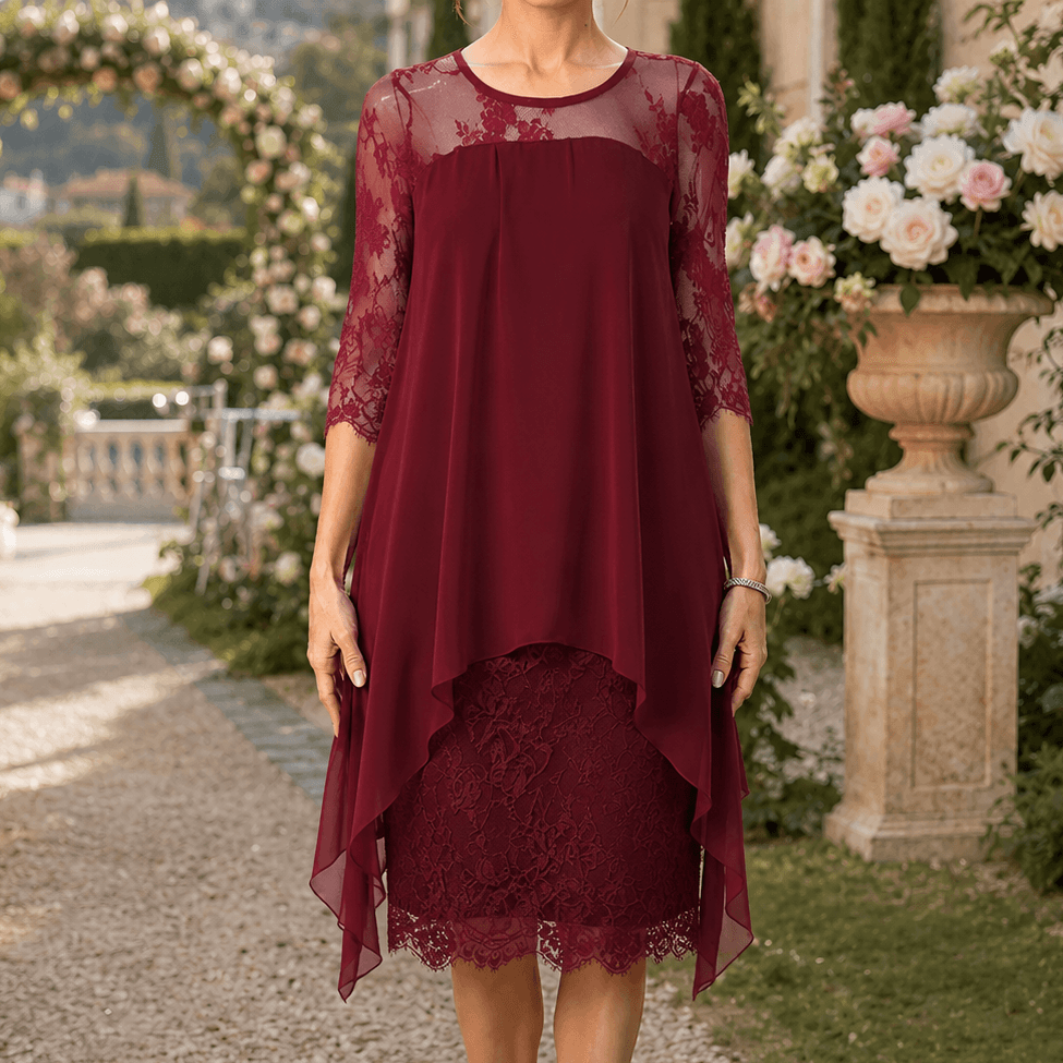 Floral Lace High-Low Midi Dress with Flowy Hem for Women