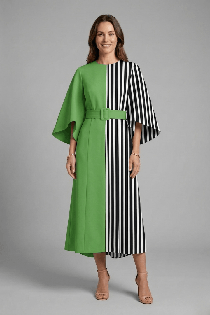 Floral Print Round Neck Women's Midi Dress with Wide Bell Sleeves