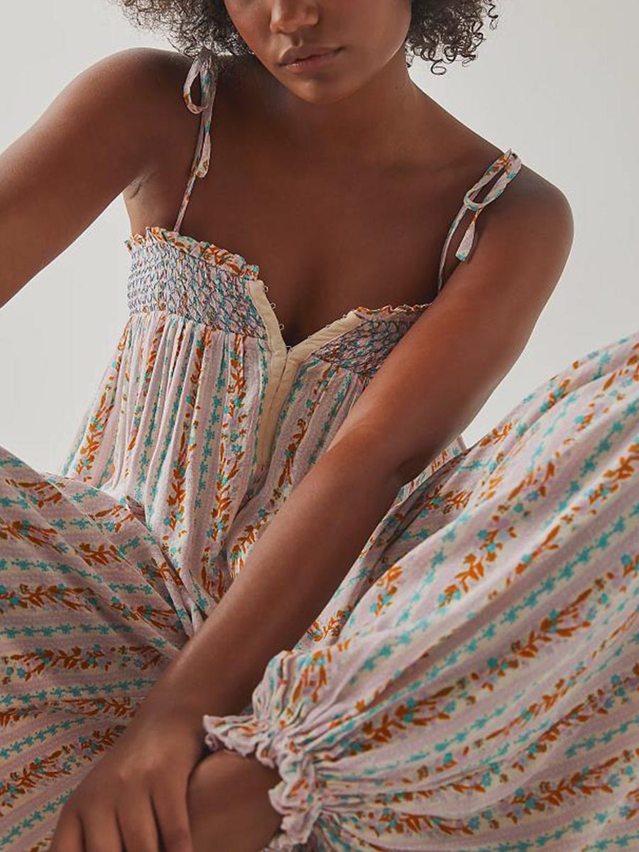Women's Boho Harem Linen Jumpsuit with Tie-Shoulder Straps