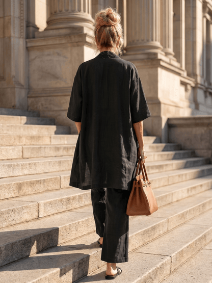 Linen Wide-Leg Pant and Duster Jacket Women's Two-Piece Co-Ord Set
