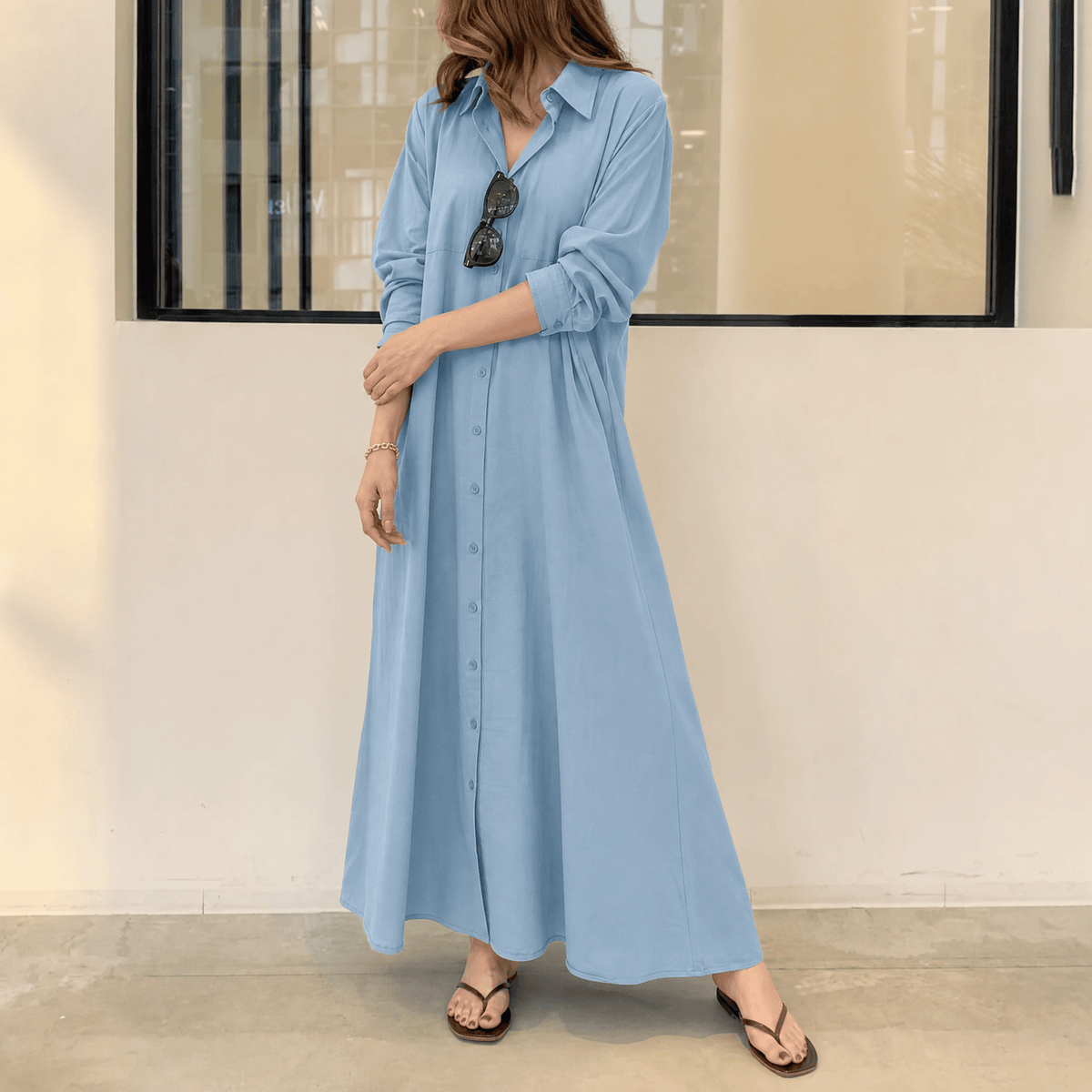 Halvine Button-Through Maxi Shirt Dress with Long Sleeves and Side Pockets