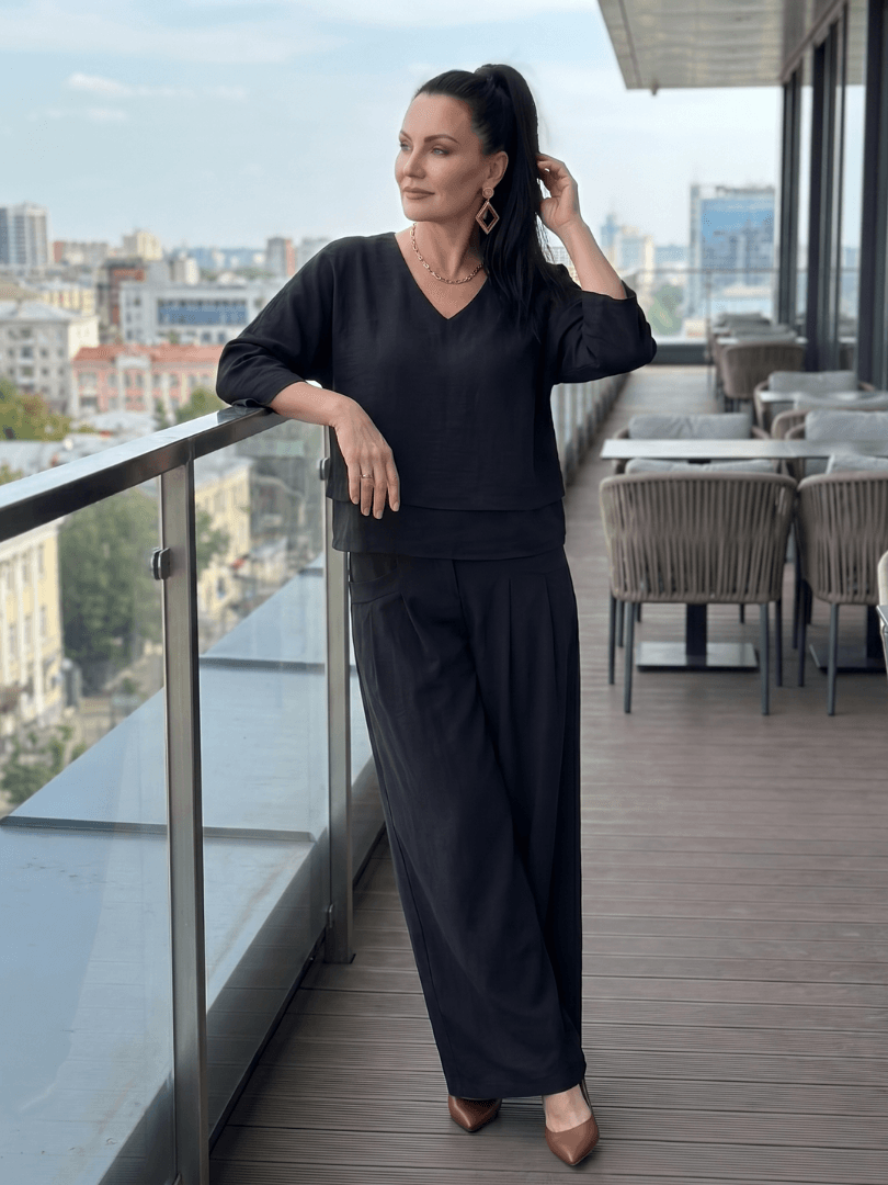 Matching Co-Ord Two-Piece Set with Layered V-Neck Top and Wide-Leg Pants
