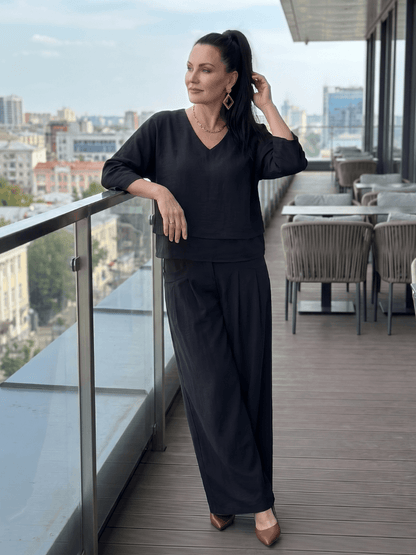 Matching Co-Ord Two-Piece Set with Layered V-Neck Top and Wide-Leg Pants