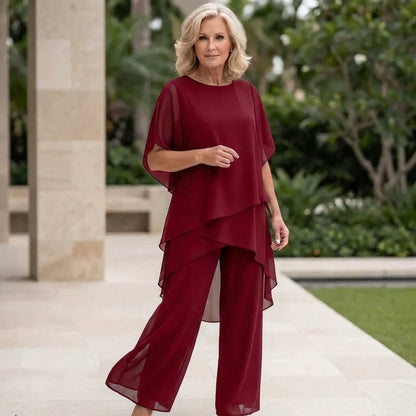 Women's Flowy Two-Piece Wide-Leg Pant Set with Draped Cape Top
