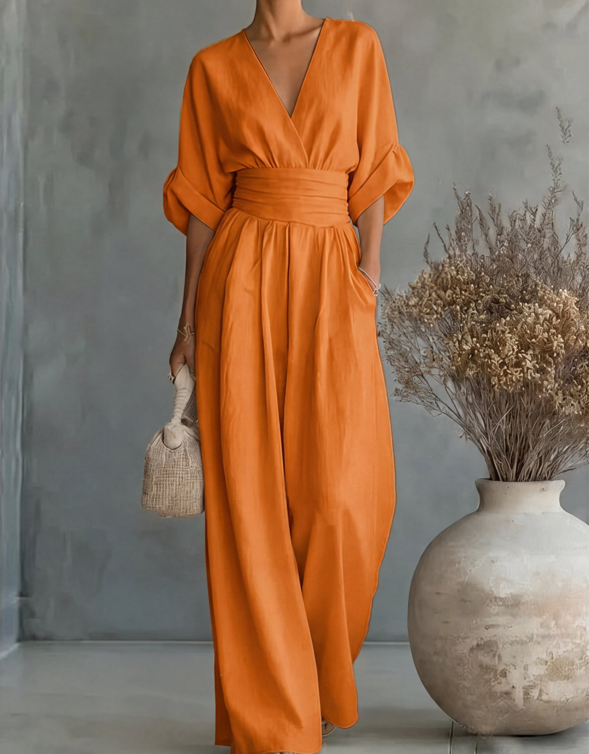 Linen V-Neck Wide-Leg Jumpsuit with Wrap Front and Short Sleeves