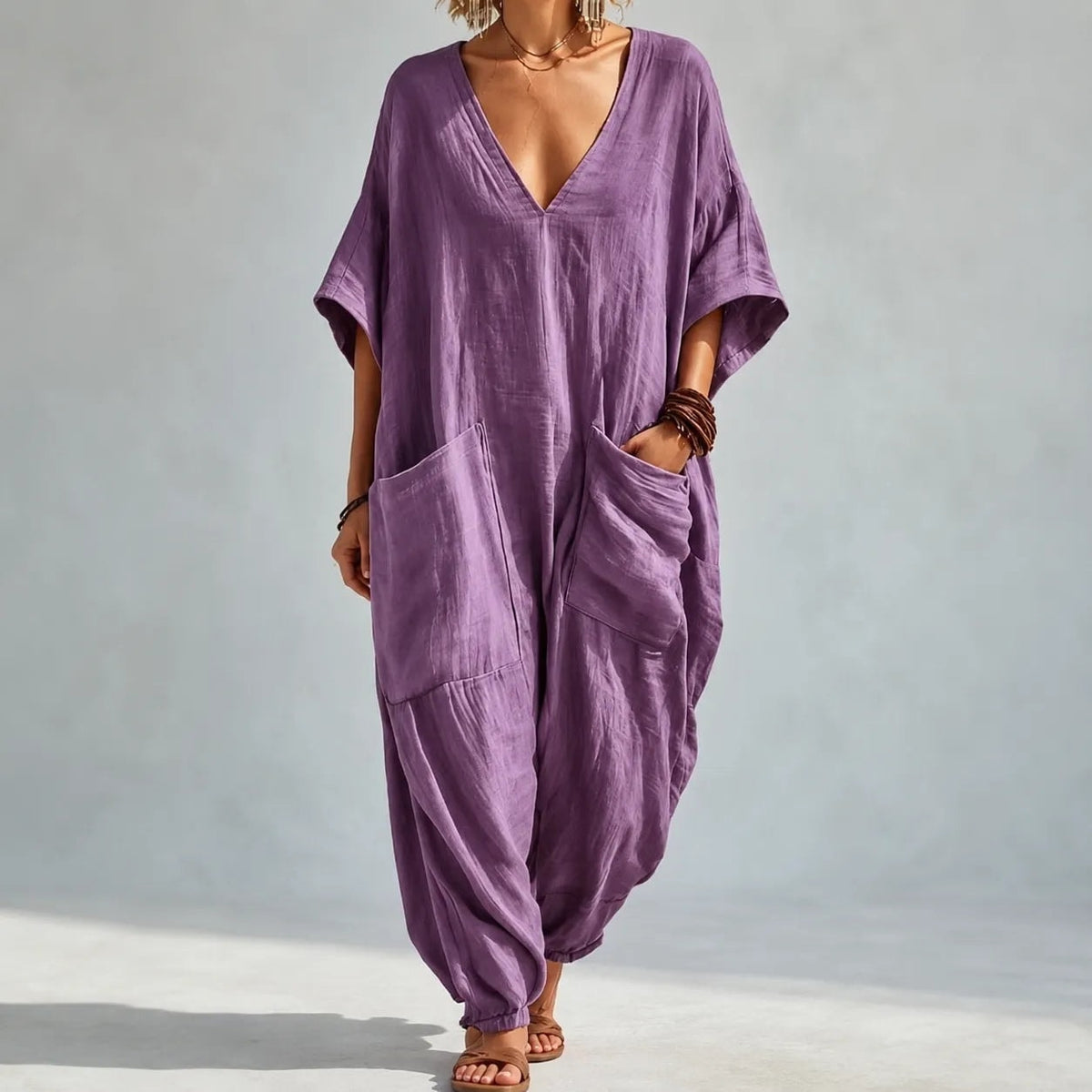Women's Loose V-Neck Batwing Sleeve Jumpsuit with Deep Pockets