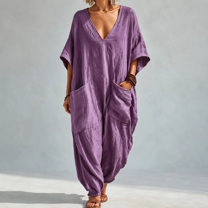 Women's Loose V-Neck Batwing Sleeve Jumpsuit with Deep Pockets