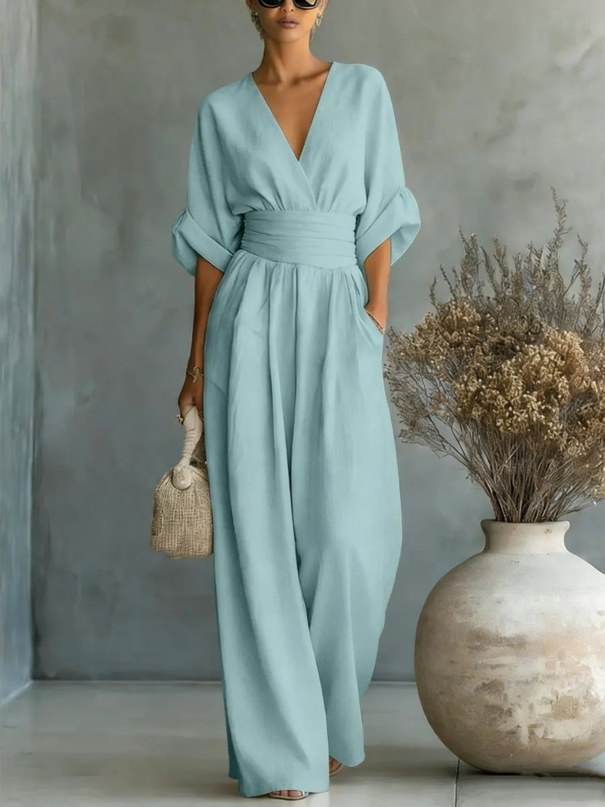 Sophia Merriweather Wide-Leg Linen Jumpsuit with Wrap Waist Tie