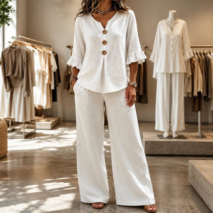 Ruffle-Sleeve Two-Piece Set with Wide-Leg Tailored Trouser Pants