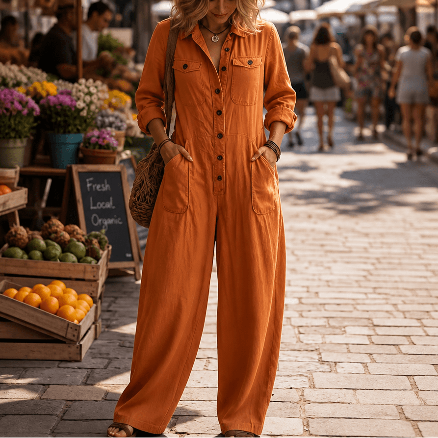 Women's Wide-Leg Cargo Utility Jumpsuit with Button-Front Top