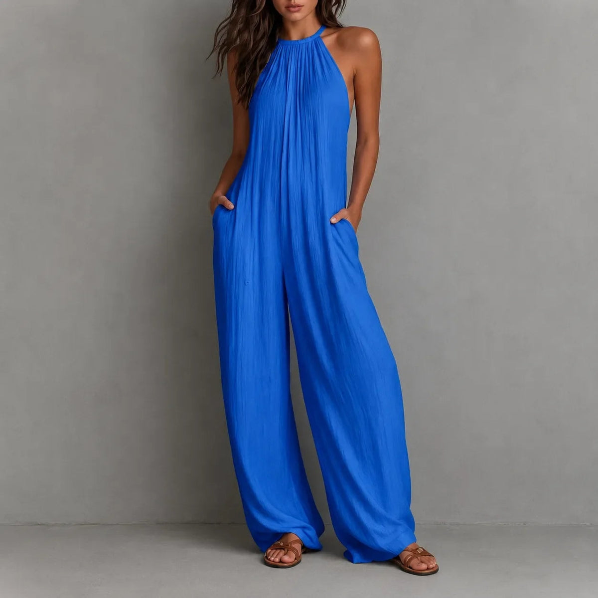 Drevana Halter Wide-Leg Jumpsuit for Women with Deep Pockets and Flowy Drape