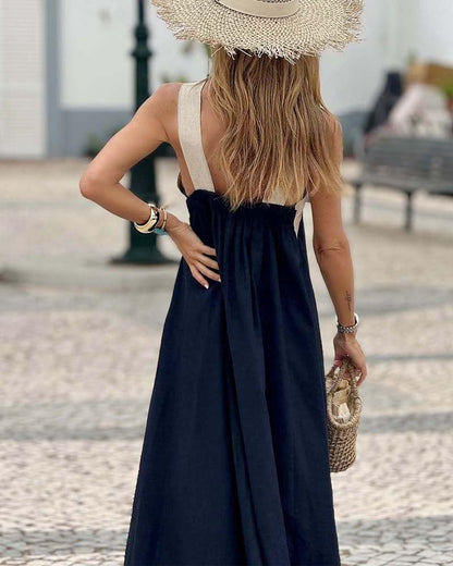 Sleeveless Crossover Halter Linen Summer Maxi Dress with Flowing Skirt