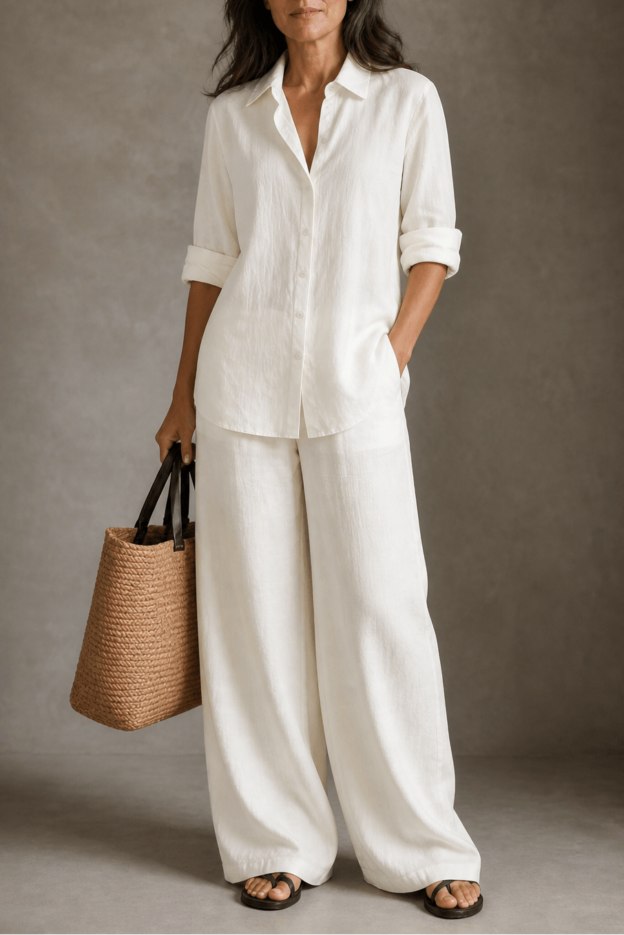 Women's Linen Shirt and Wide-Leg Tailored Trouser Two-Piece Set