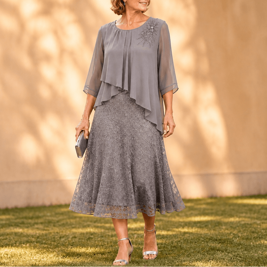 Elavine Layered Chiffon Lace Overlay Women's Midi Dress with Sheer Sleeves