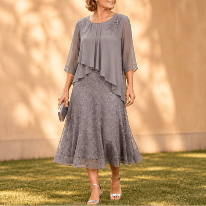 Elavine Layered Chiffon Lace Overlay Women's Midi Dress with Sheer Sleeves