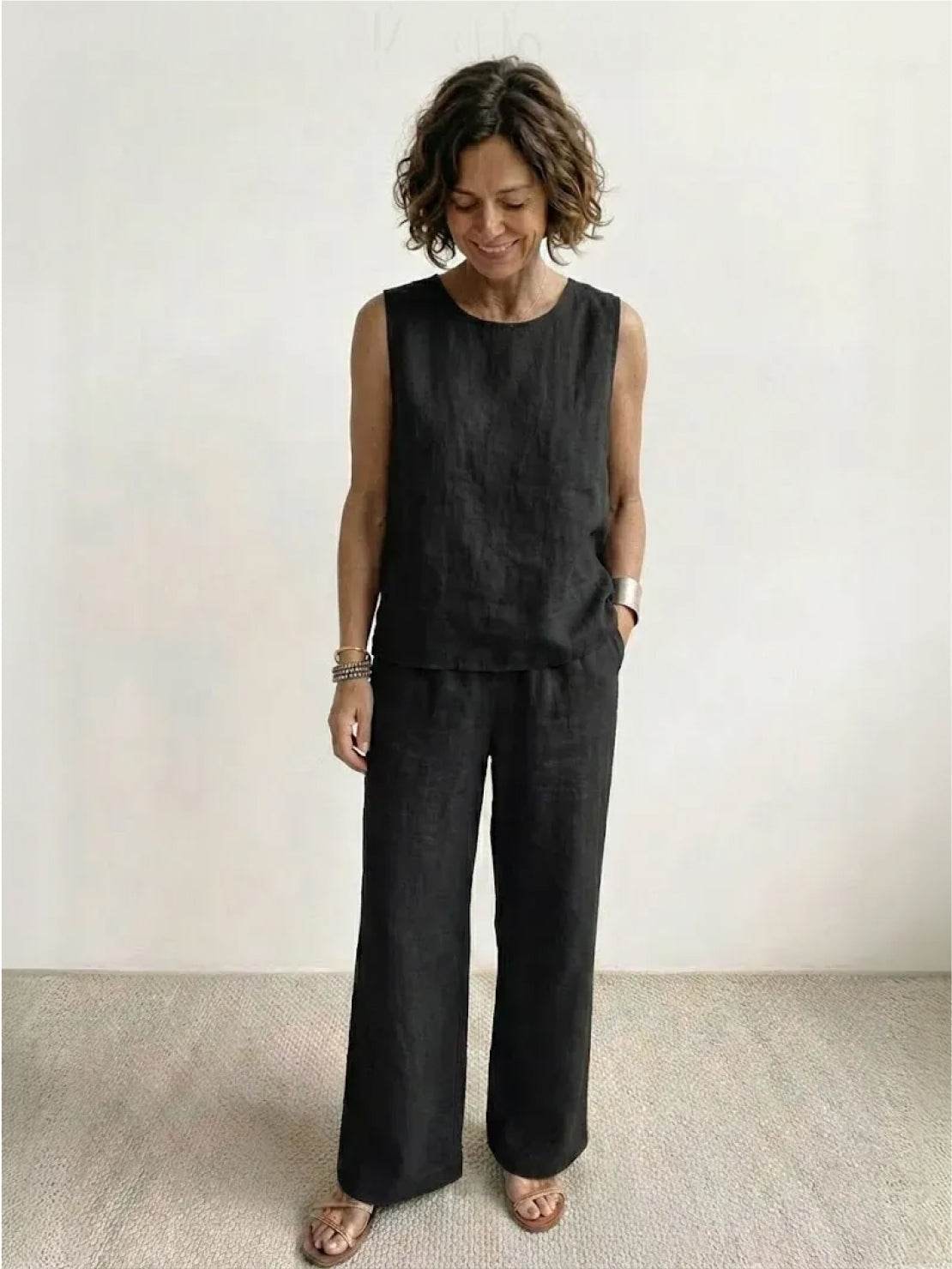 Sage Matching Linen Sleeveless Top and Wide-Leg Pants Two-Piece Set