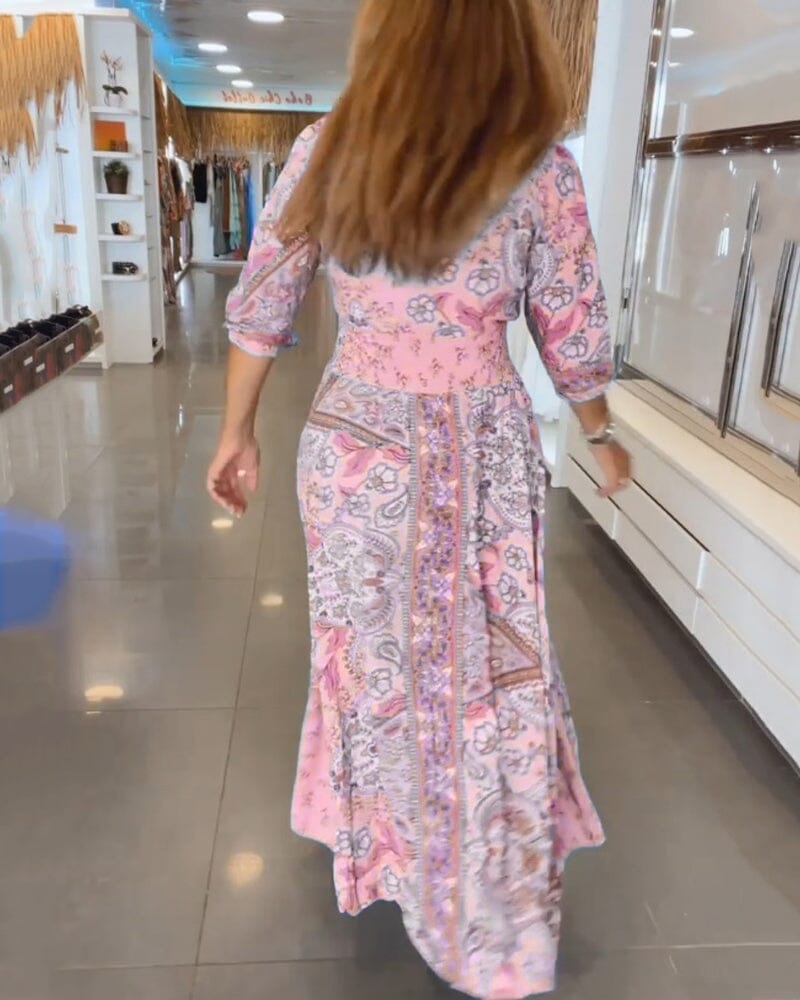 Alira Paisley Floral V-Neck Maxi Dress with Tie Waist for Women
